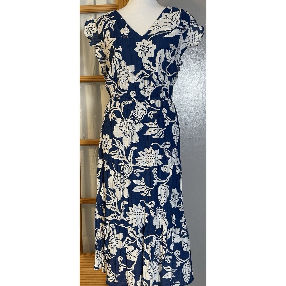 Ophelia Roe Tiered Floral Maxi Dress 2X Crinkled Blue White Ruffled Sleeve Boho